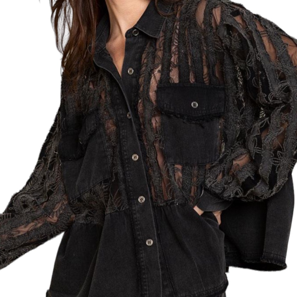 Black Sheer Lace Button-Up Top preloved - Picture 2 of 3